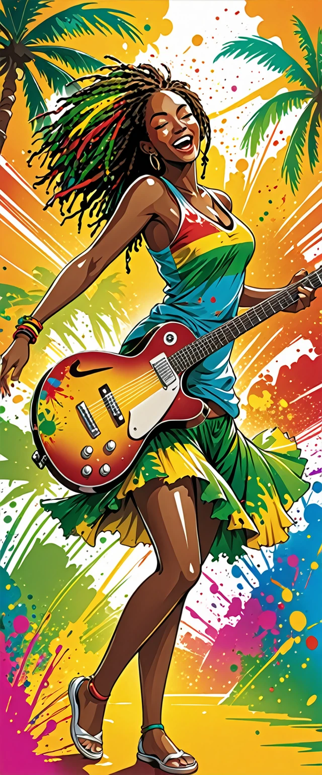 Vector art, Lots of Jamaican Reggae, Authentic Jamaican reggae music atmosphere,Color illustrations, in the center, Vibrant colors, Paint splatters and stains, High detail,
Palm tree,Woman dancing with a guitar,