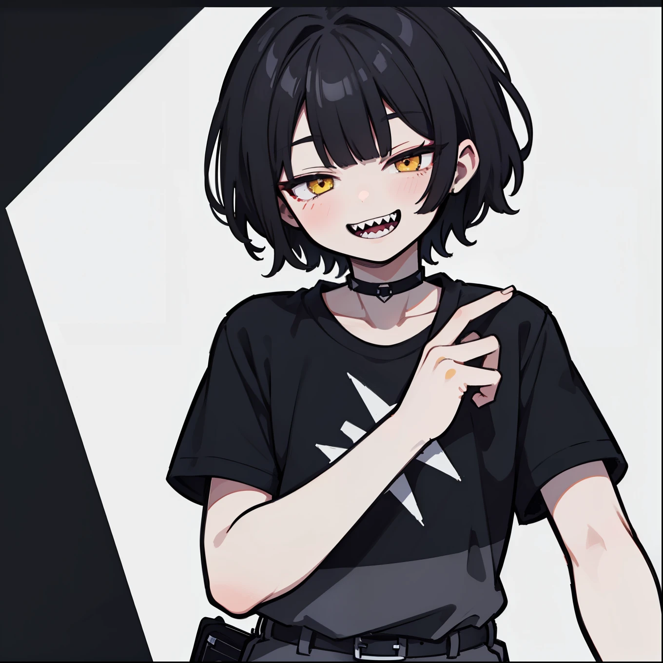 {{{{masterpiece}}}},{{Highest quality}},{{Official Art}},{{Highly detailed CG Unity 8k wallpaper}},{{{Art Book}}},One boy, Black Hair, ((Short Hair)), ((Diagonal bangs)), Yellow Eyes, Jagged teeth, (((A nasty smile, Grin, Sharp teeth))), ((Black short-sleeved shirt)), Black trousers, Spiked Choker, belt, Dark Theme, {{White skin}}, shape, Bright Eyes, alone,