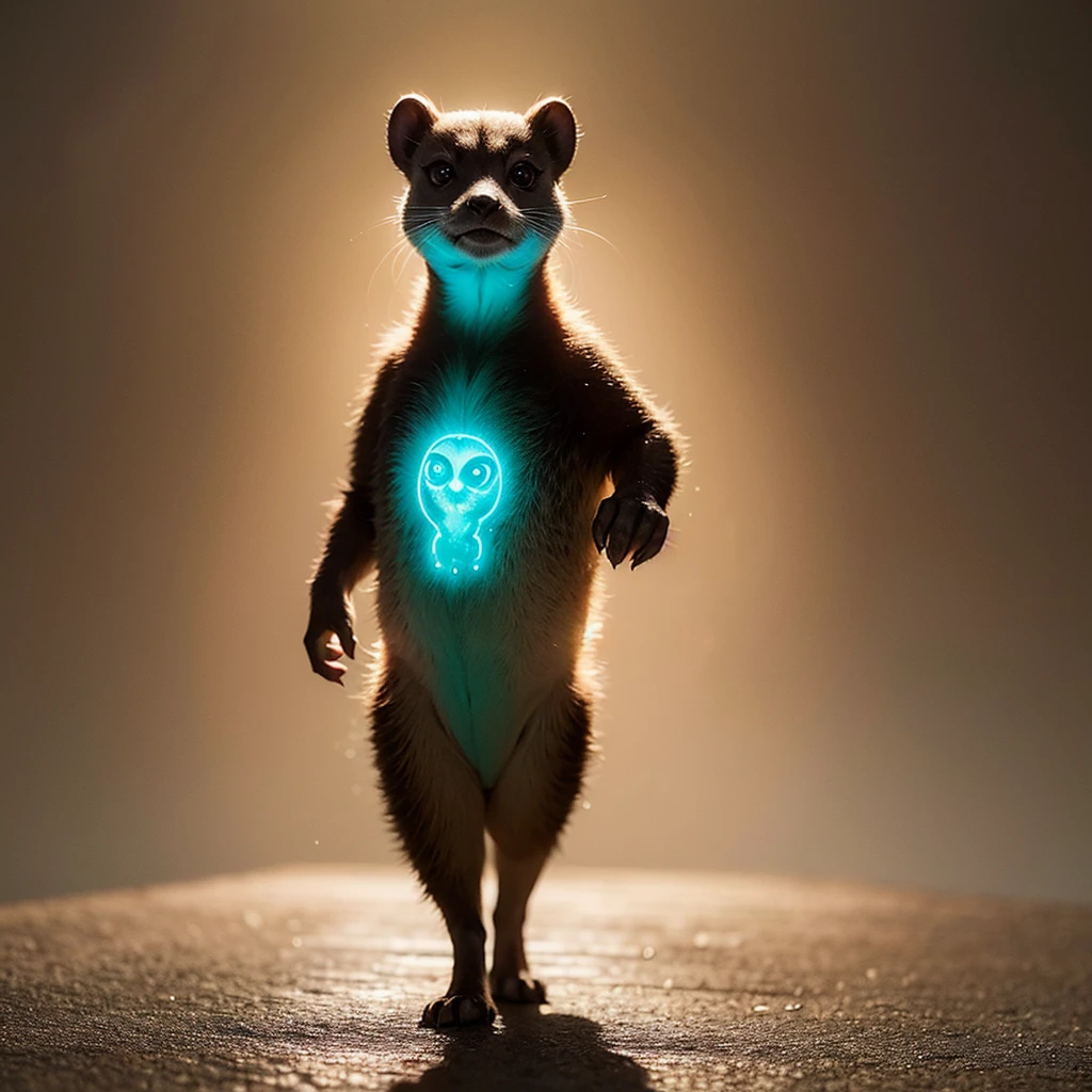 A captivating, intricate digital painting of an anthropomorphic rotgrün bioluminescent meerkat-like creature interacting playfully with light, walking modestly with a sassy expression. The creature, adorned with bright boots and having expressive round eyes, is set against a textured ethereal backdrop that complements its thin neck and full figure. The artwork showcases complex detailing, contrasting colors, and intricate patterns, all enhanced by backlighting. The fine ink rendering and dry watercolor effects are combined with sharp contours to create a surreal and mesmerizing scene., vibrant