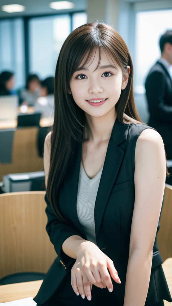 (8K, RAW Photos, Highest quality, masterpiece:1.3), (Realistic, photo-Realistic:1.4), (Highly detailed 8K wallpaper), Sharp focus, Written boundary depth,clavicle,officeレディー,blazer,
Japanese Idols,very cute,(),sweater, Look at us and laugh, Upper Body, Highly detailed face and eyes,((Shiny skin:1.2)), Cinema Lighting, Soft Light, Blur the background, Bokeh,(office, Modern, stylish, Glass Wall,