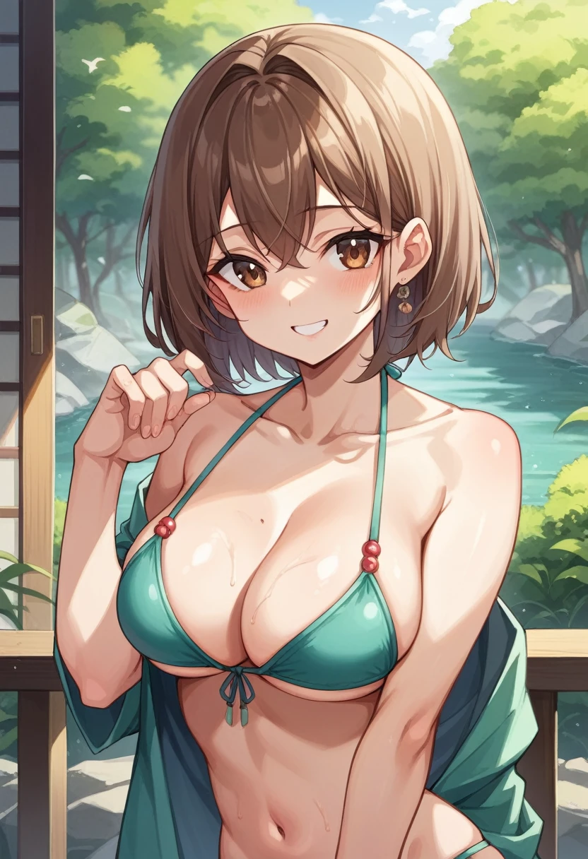 (Masterpiece,Highest quality,high resolution),Japanese women, 12 year old girl, very beautiful, Ubu no Girl、(perfect limbs、perfect anatomia),.Cute colored bikini set,pure white、Beautiful skin、Moisturized eyes、shiny brown hair、The colors and scenery of youth、Premonition of love、big 、Smile shyly、go to school、morning,