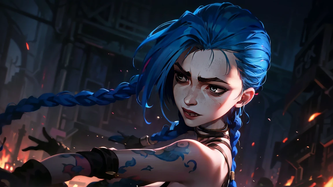 (masterpiece, Best quality), 1 girl, portrait very detailed face,, very sexy, crazy look, smile, crying, pink tears, tears on the cheeks, tears from eyes, full length (full body 1.1.), очень feminine, fighting stance, battle, fire, explosions, burning city, Beautiful waist, gloomy composition, flame, fire, Flash, very beautiful, feminine, long hair, hair braided in long braids, very sexy, tight leather pants, emphasis on the eyes, emphasis on the face, Beautiful face, Hands, Hair, Haired ponytail, red purple eyes, Джинкс crying, Blue cloud tattoo, (masterpiece, Best quality), Side lighting, beautiful detailed eyes, crazy face), (Best quality), (masterpiece), magic photography, Spectacular lighting, Photorealism, ultra detailed, intimate portrait composition, 1. 4,8 k UHD, aesthetic, Cd., A high resolution, 8 k, better lighting, Best shade, Ultra-HD, A high resolution, sharp focus, Complex background, Cinematic lighting, ((Landscape view)), 4K block, (better lighting), ((Cinematic lighting)),