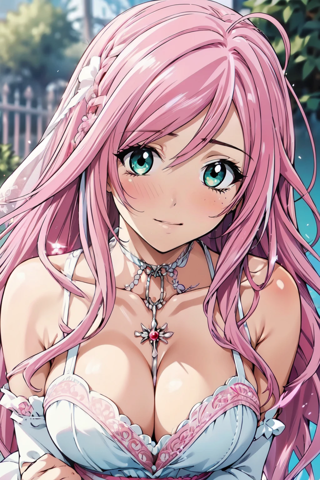 (masterpiece, best quality, beautiful and aesthetic:1.3), 1woman, mature woman,solo, light smile, (Silver pink hair streaked red:1.4), (Gradient pink hair ends:1.6), hair strand, absurdly long hair, single sidelock, wavy hair, shiny hair, floating hair, (deep green eyes), delicate eyes, aqua eyes, super high detailed eyes, long upper eyelashes, makeup, Focus on face, Very detailed facial, Pretty Face, Perfect breasts, hot body, (Delicate skin texture:1.2), bridal veil, lace-trimmed dress, see-through, wedding dress, outdoors, white roses, garden, morning, standing, extreme detailed,