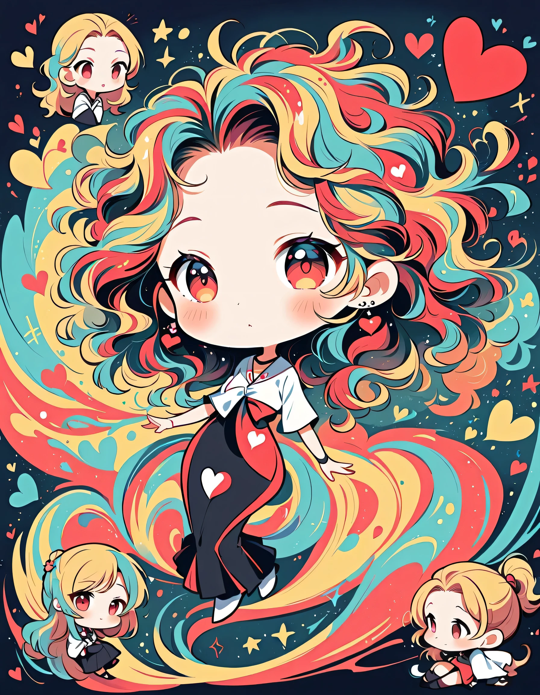Black Star Red and White style, Simple Line Initialism,Abstract art,Urban Background, colorful hearts ,(((The most beautiful girl of all time))), (((chibi))),