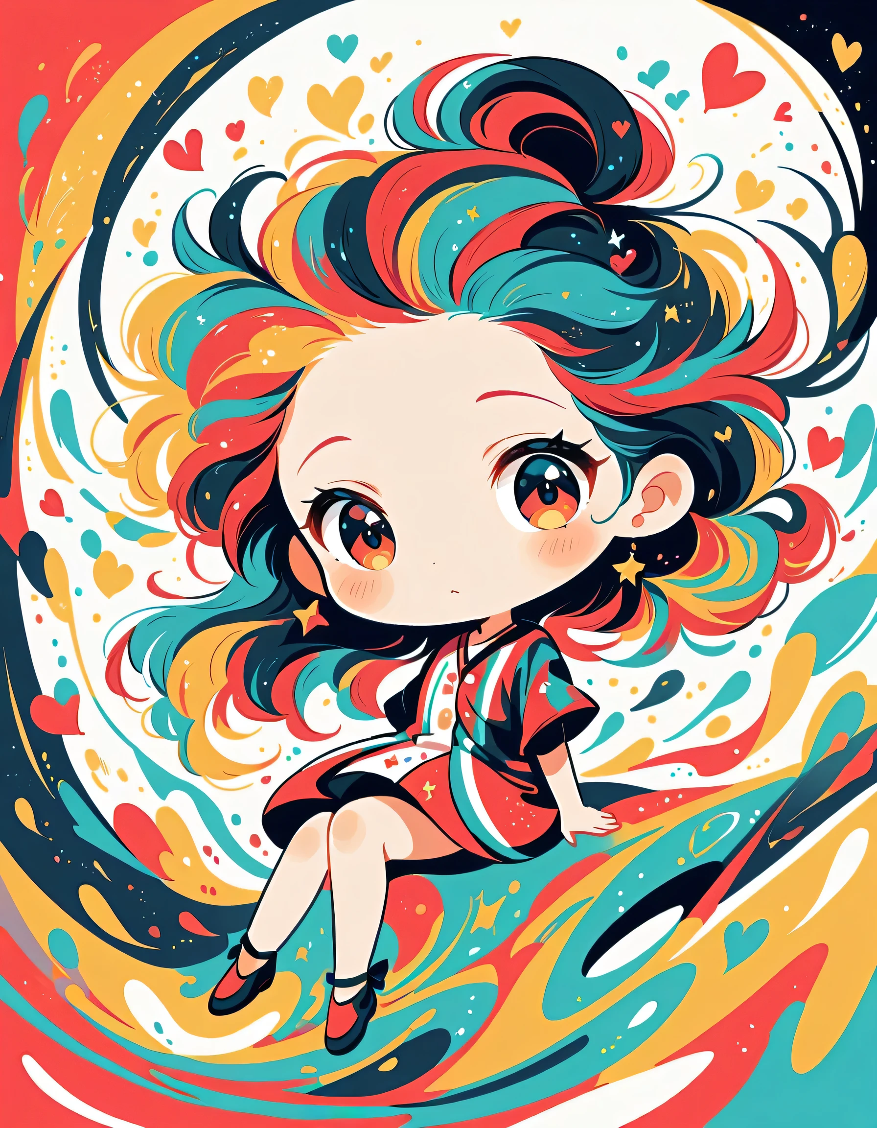 Black Star Red and White style, Simple Line Initialism,Abstract art,Urban Background, colorful hearts ,(((The most beautiful girl of all time))), (((chibi))),
