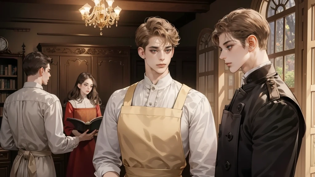 masterpiece, Best quality, realistic, ((One, 1 person)), Mature man, Quiet and charming young man, 25 years, waist up very detailed face, narrow shoulders, thin, Middle Ages, 19th century,, ((golden eyes)), ((Short, light brown hair combed to the right)), [thick eyebrows], in an apron, Cinematic lighting, I look at the audience, posture dynamics, dress the doctor, monocle, textile, behind there is a table with medicines and flasks, books,