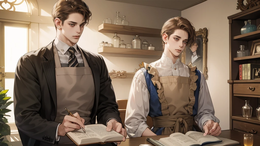 masterpiece, Best quality, realistic, ((One, 1 person)), Mature man, Quiet and charming young man, 25 years, waist up very detailed face, narrow shoulders, thin, Middle Ages, 19th century,, ((golden eyes)), ((Short, light brown hair combed to the right)), [thick eyebrows], in an apron, Cinematic lighting, I look at the audience, posture dynamics, dress the doctor, monocle, textile, behind there is a table with medicines and flasks, books,
