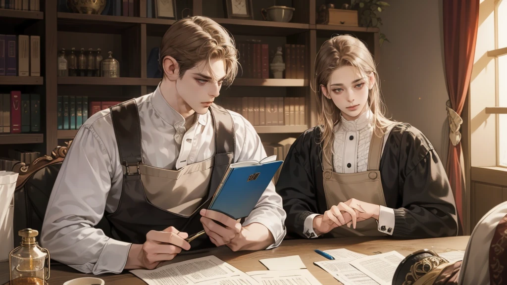 masterpiece, Best quality, realistic, ((One, 1 person)), Mature man, Quiet and charming young man, 25 years, waist up very detailed face, narrow shoulders, thin, Middle Ages, 19th century,, ((golden eyes)), ((Short, light brown hair combed to the right)), [thick eyebrows], in an apron, Cinematic lighting, I look at the audience, posture dynamics, dress the doctor, monocle, textile, behind there is a table with medicines and flasks, books,