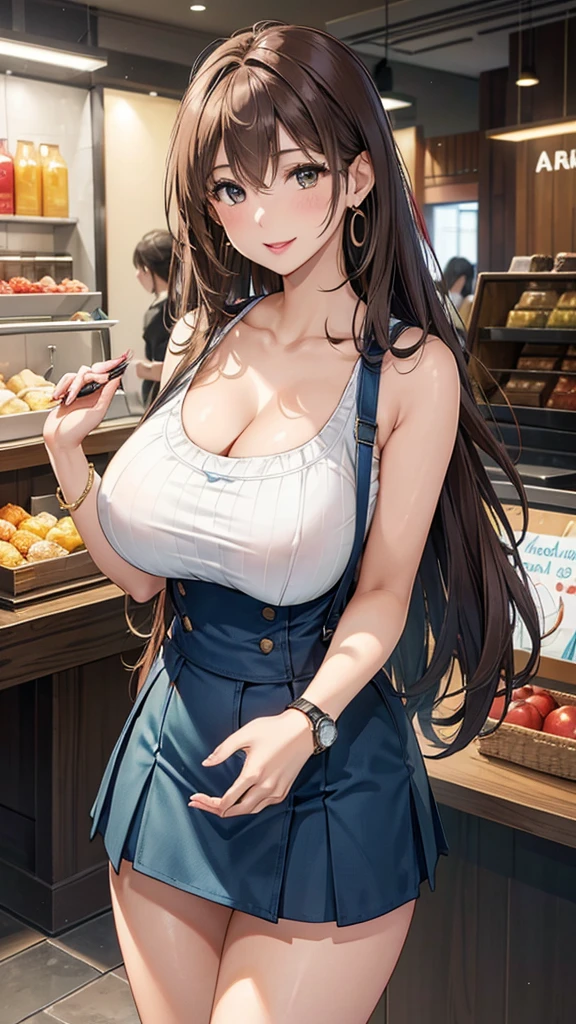 Female 26 years old,housewife,Sunlight,Smile,put on lipstick,Light brown curly hair,Aqua blue suspender skirt,slender figure,huge firm breasts,market shopping,Wearing a watch on the right hand,half moon earrings