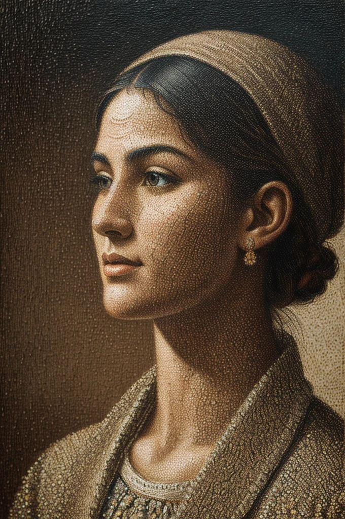 The portrait is created from chiseled intricate paints on a textured canvas combining imperialism with pointillism exuding an atmosphere of whimsicality of a person with precise facial features
