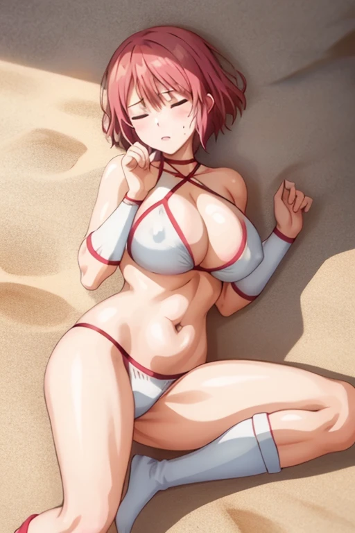 masterpiece, best quality, beautiful art, high resolution, well formed hands, body and fingers, 1 woman, solo, Miho  Tsujinaka, full body , grown up, adult, huge and round breasted, cleavage, hair ornament, wearing a Tyris Flare outfit ,  white_bikini, full body, sexy and skimpy  bikini, red boots, gorgeous  hips, legs and thighs bouncing breasts,ryona,in peril, she is  defeated, knocked out, passed out, closed eyes, exhausted, unconscious, laying down on the sand, extended exposed body, full body on the sand, breathing heavily, sexy smirk on her face, bouncing breasts, sexy defeated pose, defeat and  KO scene, fallen beauty, martial arts tournament with beach environment       