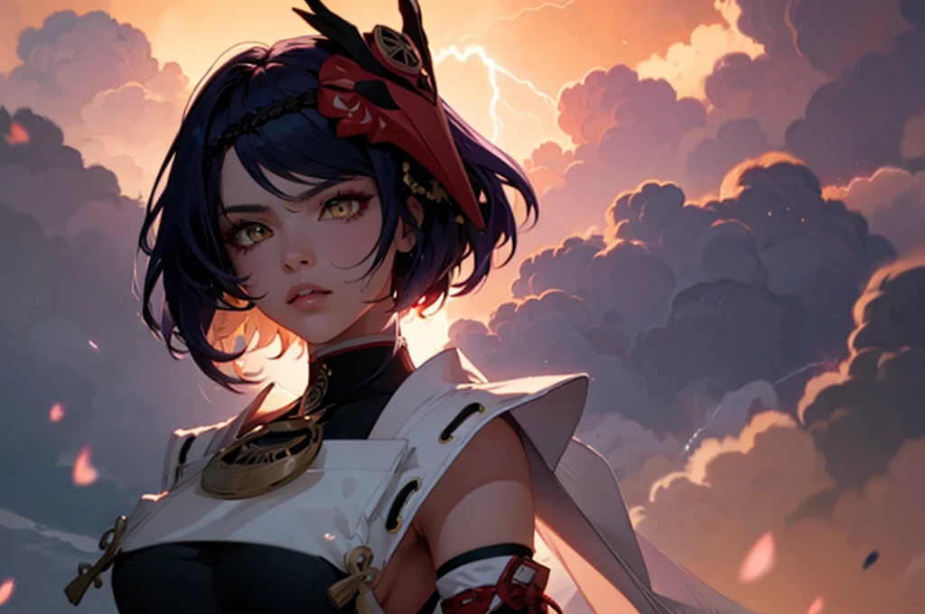 1 female woman solo, yellow eyes, blue hair, reb bird head hair accessory, black and white kimono miko outfit, big yellow bow on red belt, black gloves, golden details,kujousaradef kujousararnd,r1ge, purple storm clouds, purple lightning bolts around her, cinematic shot, dramatic light