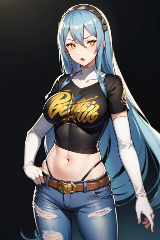 def_azura, yellow eyes ,1girl, solo, standing, black t-shirt, white shirt, blue jeans, belt, lipstick, large breasts