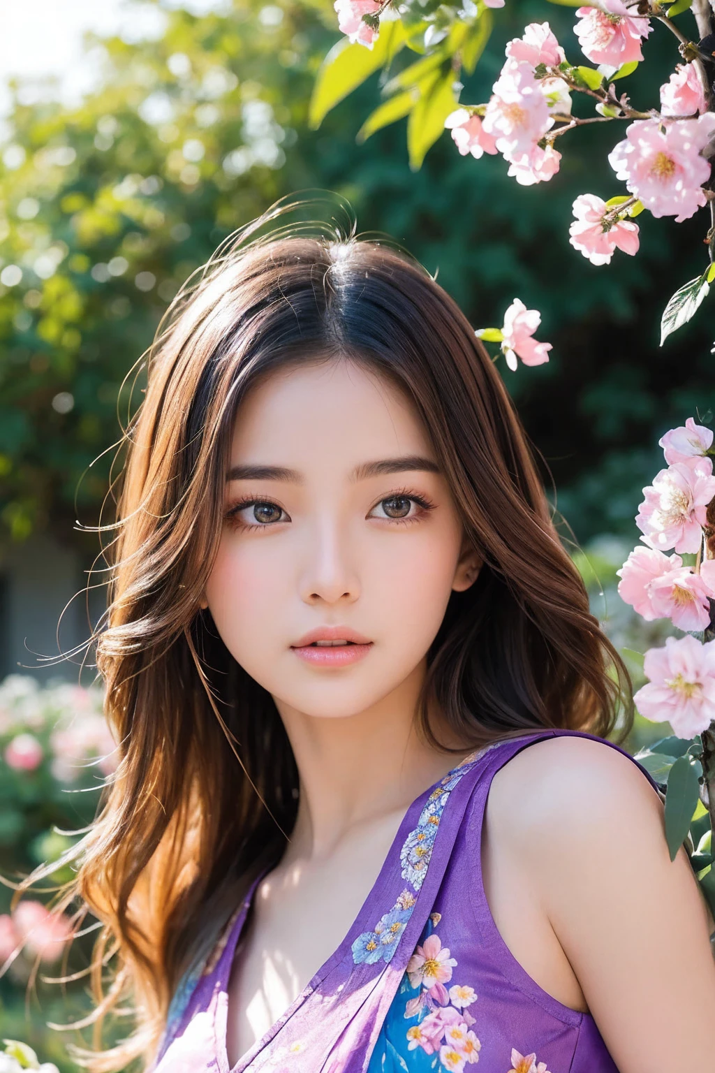 Close-up portrait of a young woman with vibrant, blowing hair and mesmerizing eyes, posing in mid-flight amidst a serene garden filled with blooming flowers. Soft, cinematic lighting illuminates her delicate features, capturing the charming, cute, and beautiful expression shining like a sunset amidst a rainbowish aura ((holographic)). Her flowing dress made of ultra-detailed petals appears to dance across her figure as she takes flight, set against a lush backdrop of colorful blooms.