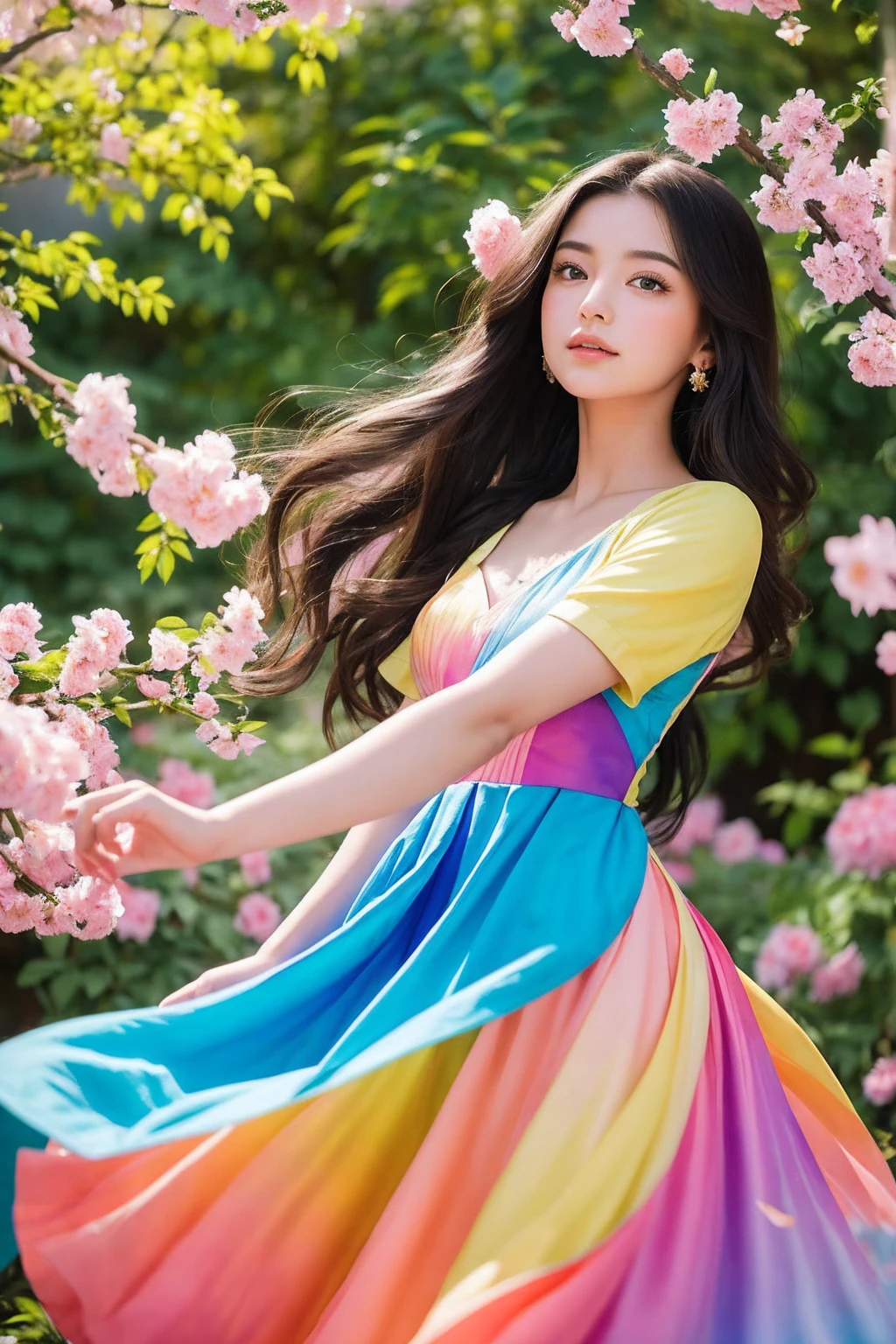 Close-up portrait of a young woman with vibrant, blowing hair and mesmerizing eyes, posing in mid-flight amidst a serene garden filled with blooming flowers. Soft, cinematic lighting illuminates her delicate features, capturing the charming, cute, and beautiful expression shining like a sunset amidst a rainbowish aura ((holographic)). Her flowing dress made of ultra-detailed petals appears to dance across her figure as she takes flight, set against a lush backdrop of colorful blooms.