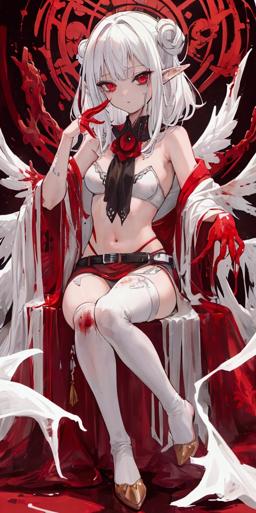 ((Best masterpiece Perfect quality Ultra detailed))
((Grotesque Parasites Fleshy Bloody))
A skinny girl With small bust White hair Rotten elf ears Crimson eyes
She has been parasitic
Her intestines popped out from her wounds
Wearing white bra Wearing white panty Without any other clothes
With broken body Teared body Bloody wounds Appearing organs Decayed limbs
Vomiting of blood Surrendered
Full body