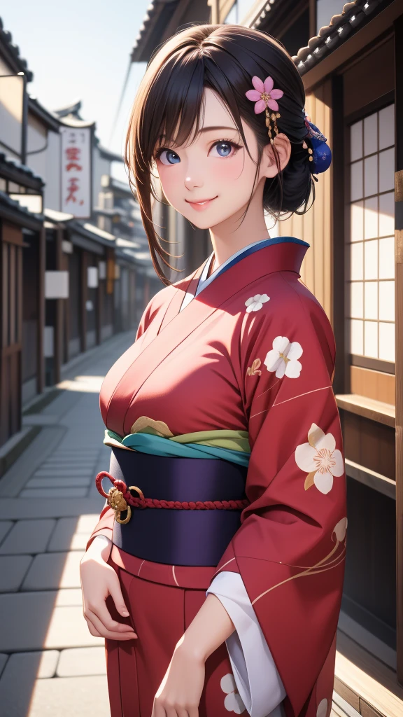Professional Lighting,(Realistic:1.4), (Top image quality:1.0), (超High resolution:1.0), 8K, Raw photography, (masterpiece:0.2), (Dealing with the Children_v1:0.5)、(最高quality Detail:1.2)、Realistic、8K Ultra HD、High resolution、(1 Girl:1.2)、超detailedな、High quality textures、複雑なdetailed、detailed、Very detailed CG、High quality shadows、detailed 美しく繊細な顔、Beautiful details and a delicate eye、(Symmetrical eyes:1.2),Written boundary depth、Ray Tracing,1 Girl, Japanese Girls, (Natural smile:1.4),cute, thin, Portrait of a beautiful Japanese woman in a kimono, Standing elegantly on a street corner in Kyoto. Kimono with vibrant traditional patterns, Hair decorated with elegant and delicate hairpins, Gentle expression. (With the old streets of Kyoto in the background:1.4)、The soft light of a spring afternoon、Adding tranquility to the scene. Rendered in a Realistic style with great attention to detail, High resolutionの画像.Sky Porn, Magic Hour, (Realistic:1.3), finely, quality, (Tabletop:1.2), (Realistic:1.2), (最高quality), (複雑なdetailed), dramatic, Ray Tracing, photograph, +roller