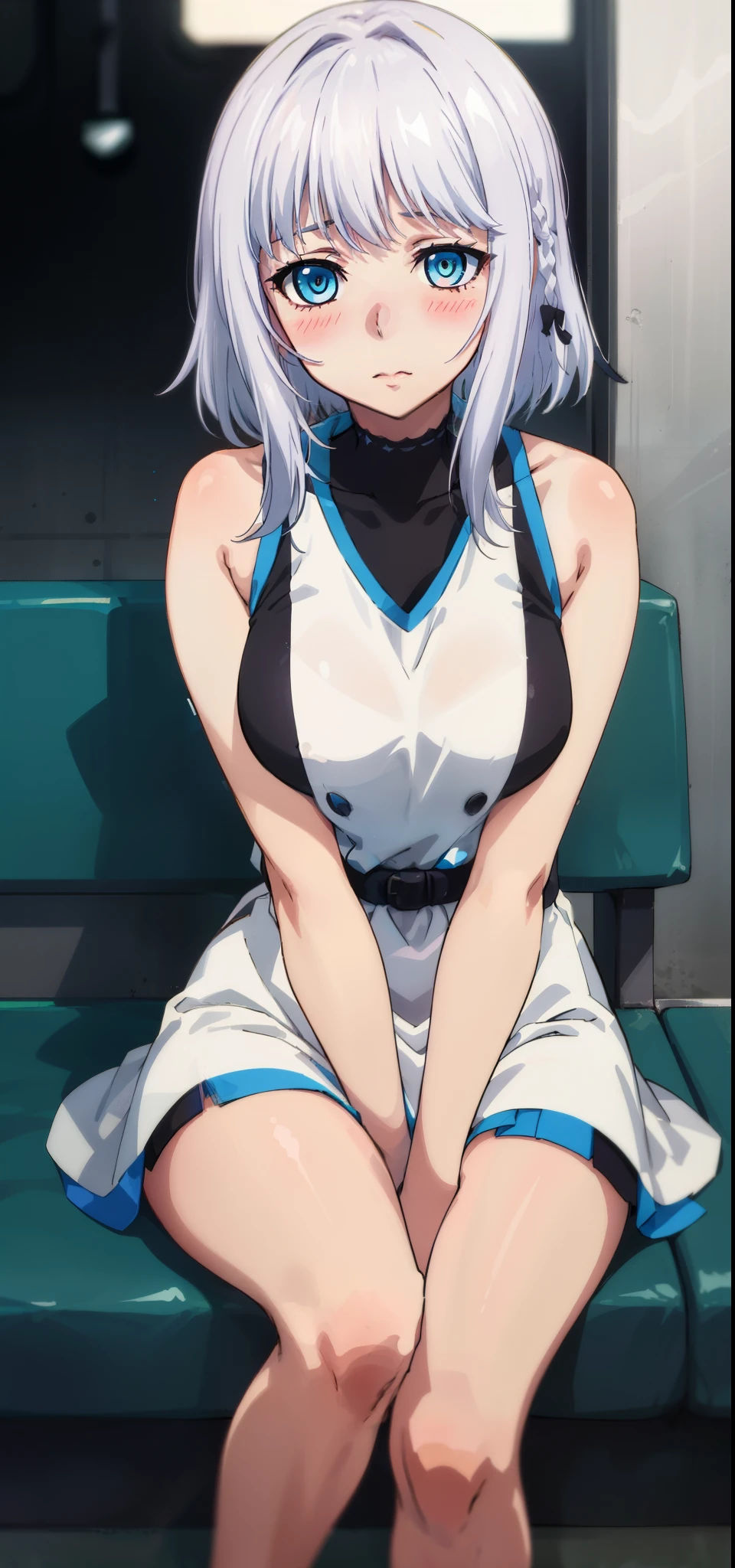 1 girl, kanon kanase,  , blush, medium breasts, sleeveless,((stylish outfit, dress)), sitting,  20-year-old, healthy skin. Upper_body. 