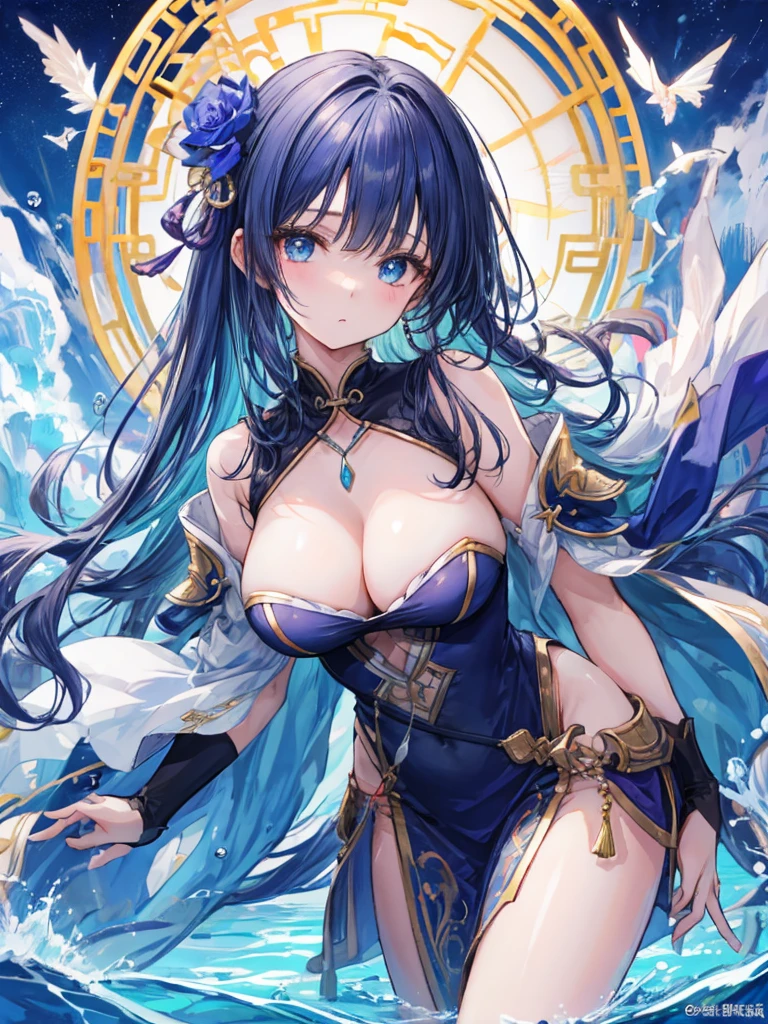 She is wearing a long Chinese dress、8K、、Highest quality、Tabletop、Ultra HD、Very detailed、so beautiful、Very detailed髪質、so beautiful、Portraiture、Captivating look、Beautiful woman、Long Blue Hair、Sharp Eye、Droopy eyes、A strong-willed face、blue eyes、Glowing Skin、Very large breasts、Water droplets running down the skin、The background is a great night pool、