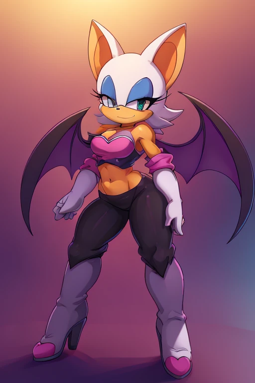 a digital artwork of Rouge the bat with long boots, gloves, and abs wearing a crop top of her outfit with black pants, a bare midriff and a bare navel , digital art, ((perfect face)), ((best quality)), ((masterpiece)), she has a tan midriff, bat wings,
