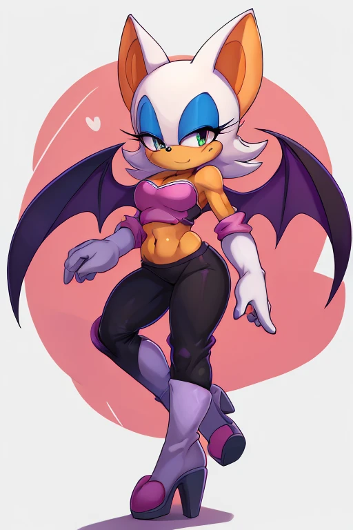 a digital artwork of Rouge the bat with long boots, gloves, and abs wearing a crop top of her outfit with black pants, a bare midriff and a bare navel , digital art, ((perfect face)), ((best quality)), ((masterpiece)), she has a tan midriff, bat wings,
