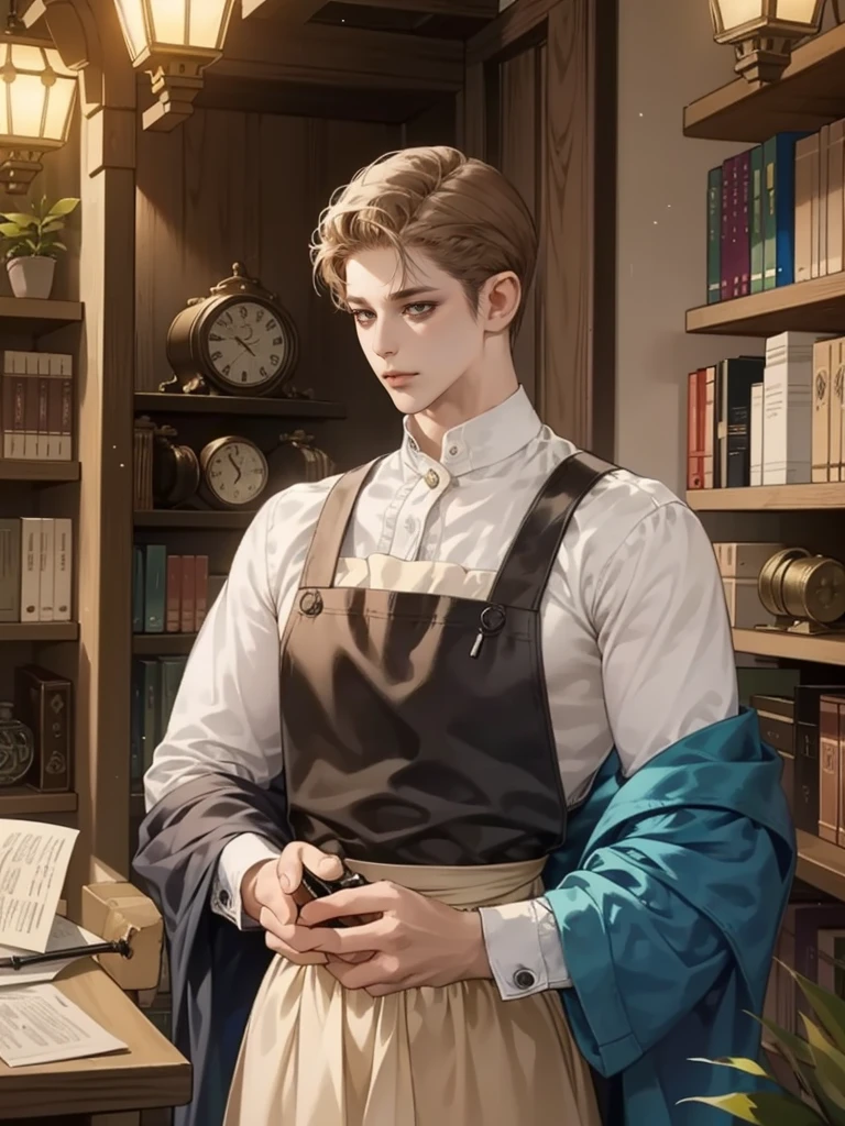 masterpiece, Best quality, realistic, ((One, 1 person)), Mature man, Quiet and charming young man, 25 years, waist up very detailed face, narrow shoulders, thin, Middle Ages, 19th century,, ((golden eyes)), ((Short, light brown hair combed to the right)), [thick eyebrows], in an apron, Cinematic lighting, I look at the audience, posture dynamics, dress the doctor, monocle, textile, behind there is a table with medicines and flasks, books,