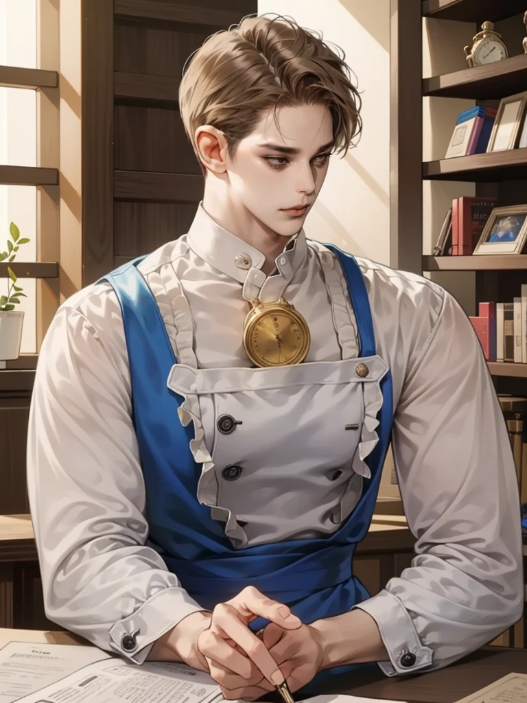 masterpiece, Best quality, realistic, ((One, 1 person)), Mature man, Quiet and charming young man, 25 years, waist up very detailed face, narrow shoulders, thin, Middle Ages, 19th century,, ((golden eyes)), ((Short, light brown hair combed to the right)), [thick eyebrows], in an apron, Cinematic lighting, I look at the audience, posture dynamics, dress the doctor, monocle, textile, behind there is a table with medicines and flasks, books,