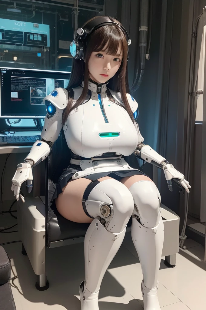 masterpiece, best quality, extremely detailed, Japaese android Girl,Plump,control panels,Mechanical Hand, Robot arms and legs,Mechanical body,Blunt bangs,perfect mechanical abdomen,future laboratory,charging spot,She is sitting the charging spot,laboratory,long tube,thick cable connected her neck, white robot body,The removable cover is in the groin,The connection port is in the groin,assembly plant,miniskirt,leather boots,（blue eyes:1.5）