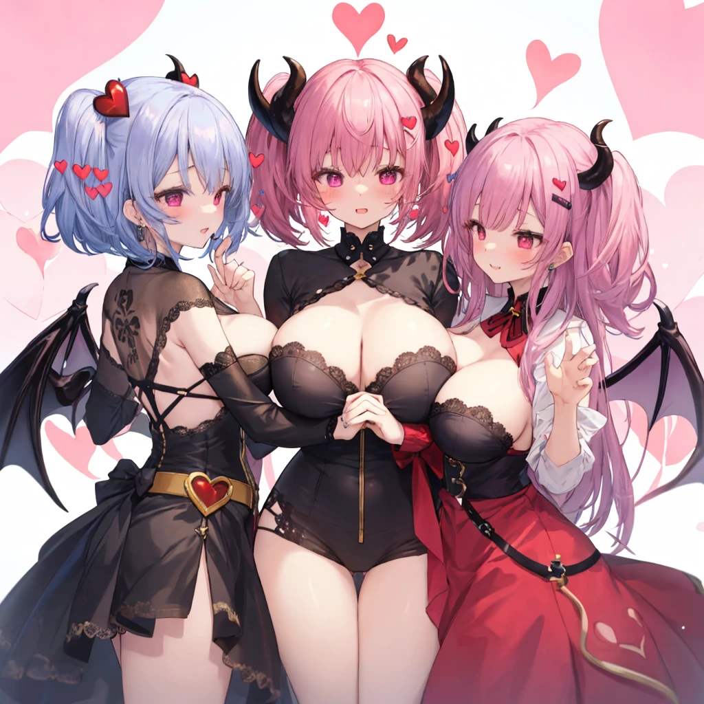 Details, ultra-detailliert, masterpiece, top-quality, Beautiful fece, A detailed eye, (3 women:1.4), Three Succubi (symmetrical succubus wings), (triplets:1.2), (ribbon:1.1), (two side up), tie, Bree, earrings, Suspicious face, (white background:1.3), alicious smile, Bruises and ugly facial features, young features, long-sleeve, fluffy sleeves, fluffy hair, (Open your mouth and laugh), Chiquita, Colossal tits, (Put your hands on your face), Ruffled uniforms, hair clips, (Ridicule:1.1), looking-down, Angle from behind, respected by women, (upward looking gaze:1.2), (hearts symbol:1.5), (lump of heart:1.5), (heart effect:1.5), (heart mark:1.5), demon tail, Devil's Taiuccubus, (super Colossal tits:1.3), (heart tattoo:1.3), Yodare, Devil's Tail, Chest Alignment, Girl Sandwich face sandwich (confused and blushing,kawaii facepose your ahegao), hug each other, catch them, そしてサンドイッチを作ってサンドイッチにhug each otherポーズ, (burying boy's face in cleavage:1.2), sandwich from front and back, Sullen expression 4p, boy looking away