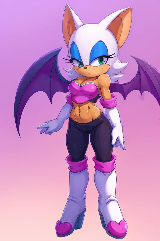 a digital artwork of Rouge the bat with long boots, gloves, and abs wearing a crop top of her outfit with black pants, a bare midriff and a bare navel , digital art, ((perfect face)), ((best quality)), ((masterpiece)), she has a tan midriff, bat wings,