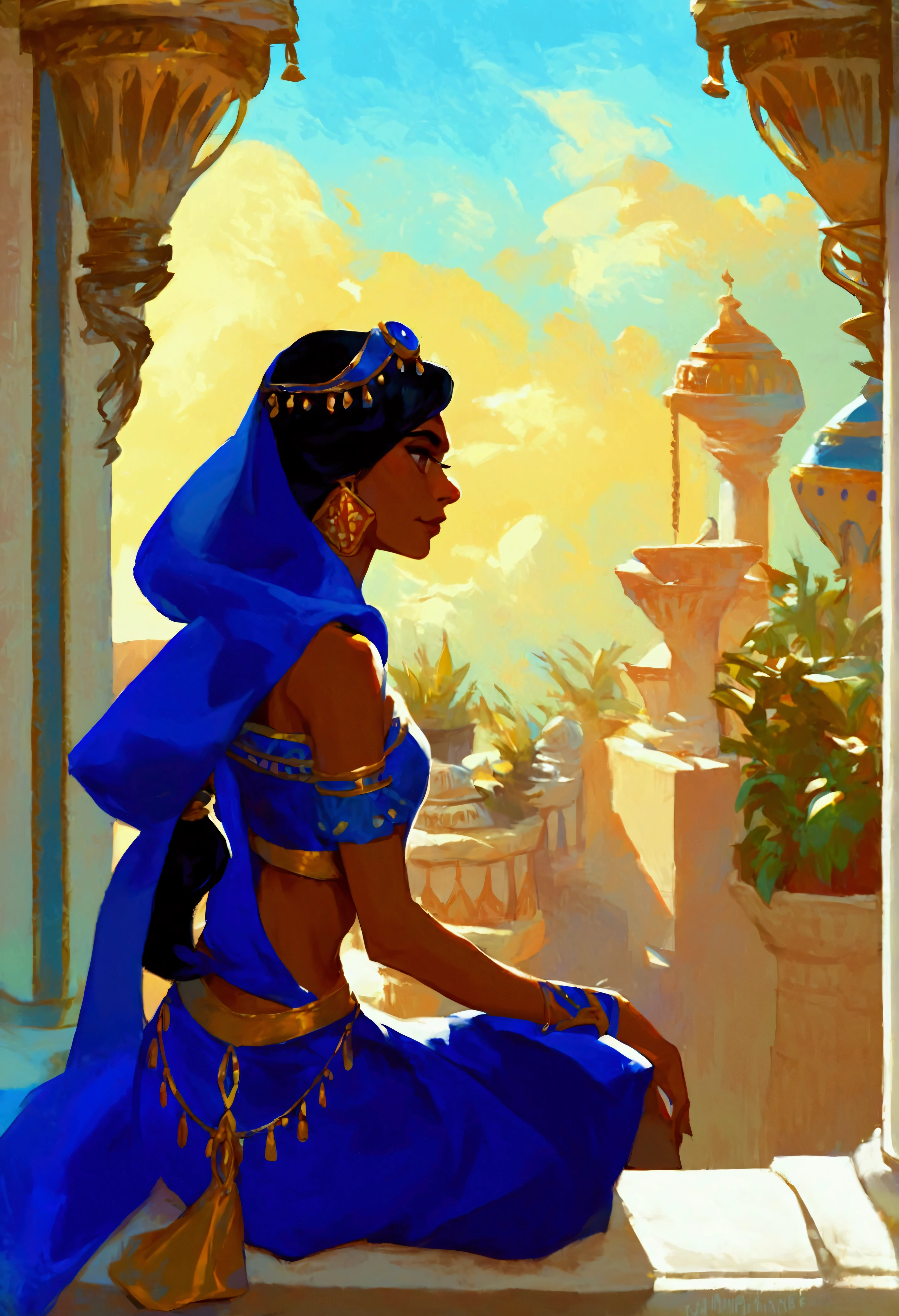score_9, score_8_up, score_7_up, (((solo close-up of Princess Jasmine:1.3) standing at balcony of (Arabian palace:1.2), dark-skinned beauty, perfect face, ornate columns, starlit romantic sky, (desert in distance), bright colors, modern western cartoon artstyle, rating_safe.