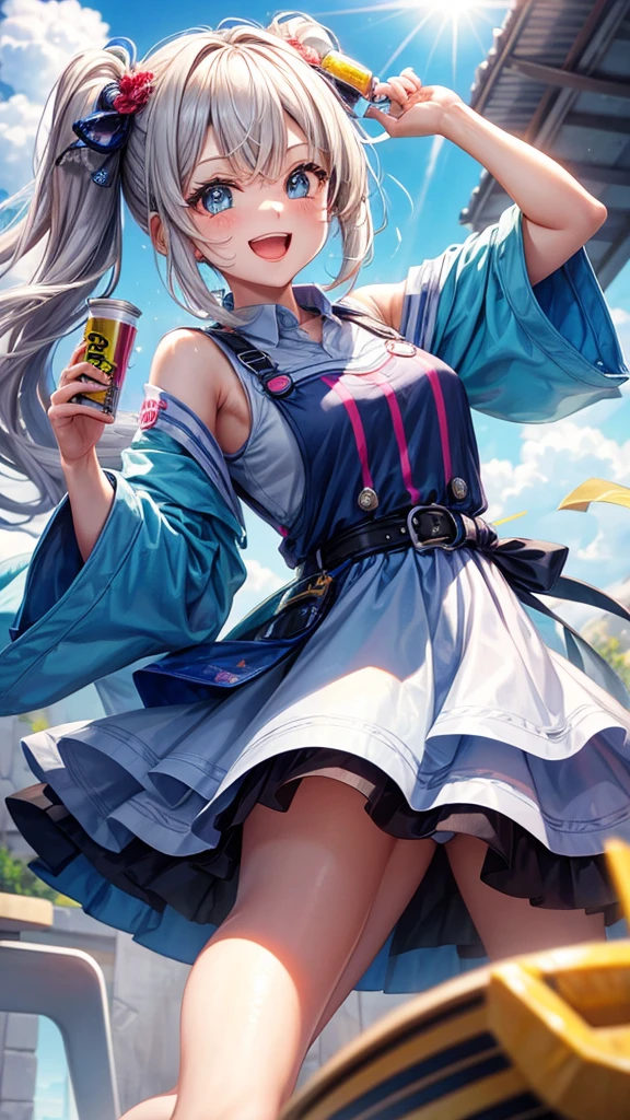 Holding an energy drink in one hand,、A cheerful older sister