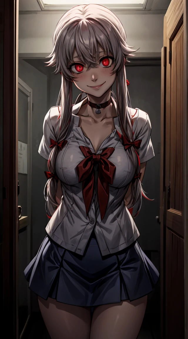 gasai yuno, white cardigan, black shirt, denim skirt, miniskirt, collarbone BREAK red eyes, large breasts, black choker, (head tilt:0.8), smile, arms behind back, in a old room, YAMEROYANDERE CONSTRICTED PUPILS YANDERE EMPTY EYES SHADED FACE CRAZY EYES GLOWING EYES CRAZY SMILE DARK