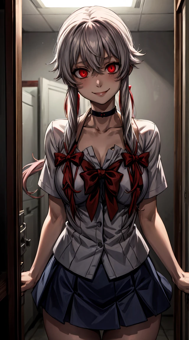 gasai yuno, white cardigan, black shirt, denim skirt, miniskirt, collarbone BREAK red eyes, large breasts, black choker, (head tilt:0.8), smile, arms behind back, in a old room, YAMEROYANDERE CONSTRICTED PUPILS YANDERE EMPTY EYES SHADED FACE CRAZY EYES GLOWING EYES CRAZY SMILE DARK