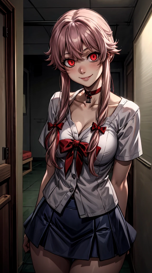 gasai yuno, white cardigan, black shirt, denim skirt, miniskirt, collarbone BREAK red eyes, large breasts, black choker, (head tilt:0.8), smile, arms behind back, in a old room, YAMEROYANDERE CONSTRICTED PUPILS YANDERE EMPTY EYES SHADED FACE CRAZY EYES GLOWING EYES CRAZY SMILE DARK
