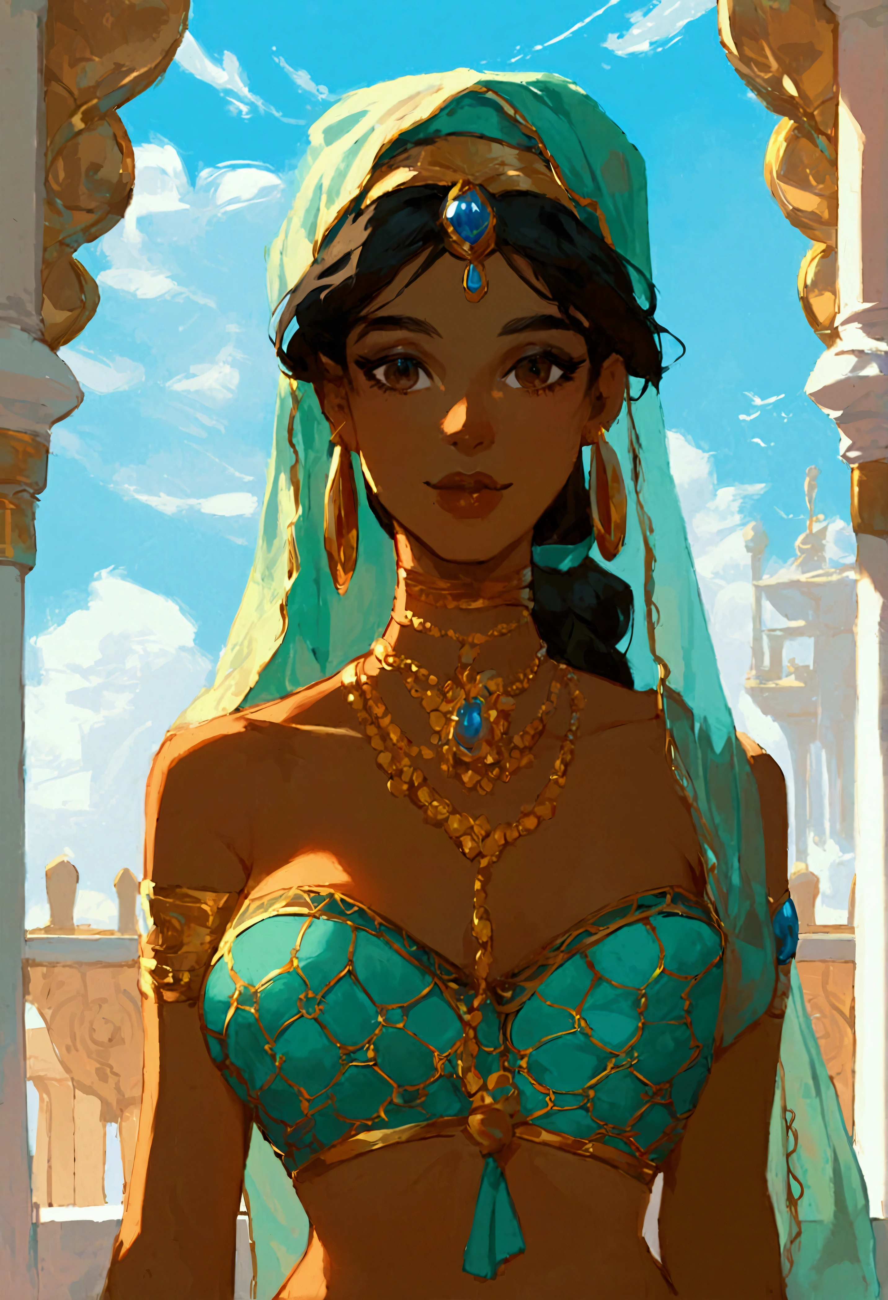 score_9, score_8_up, score_7_up, (((solo close-up of Princess Jasmine:1.3) standing at balcony of (Arabian palace:1.2), dark-skinned beauty, perfect face, ornate columns, starlit romantic sky, (desert in distance), bright colors, modern western cartoon artstyle, rating_safe.