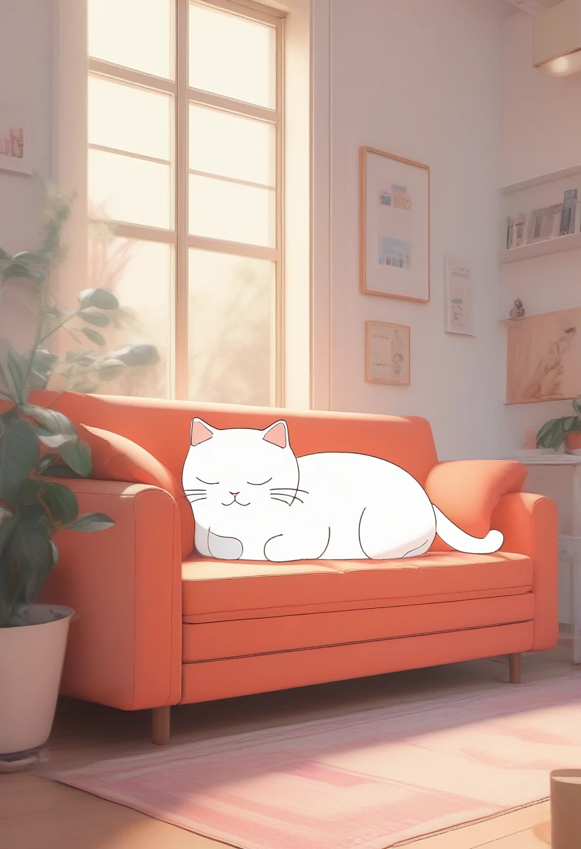 score_9, score_8_up, score_7_up, score_6_up, score_5_up, score_4_up, source_anime, 2.5D, cute plump cat is leaning on the sofa and napping, simple and cute picture book-like background with gentle color effects, conceptual installation pop art