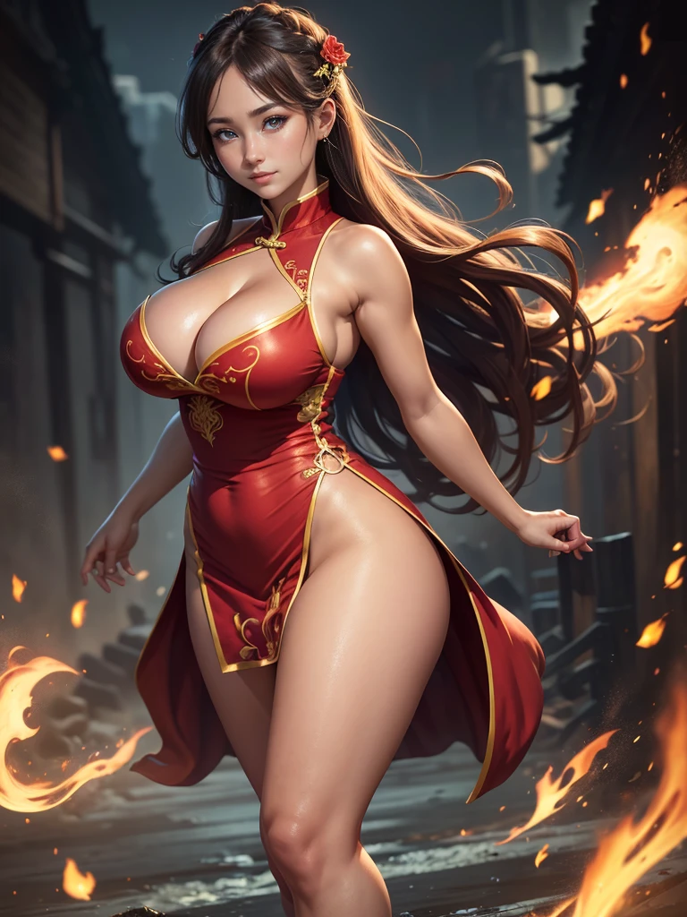 Highly detailed CG unit 8K wallpaper, masterpiece, High resolution, highest quality, highest quality real texture skin, Super Real, Digital Painting, Best image quality, 最High resolution, 8K, (((1 girl))), Very beautiful ager, ((Highly detailed eyes and face)), Beautiful eyes in every detail, (Full Body Shot), bare shoulders, china dress, chinese clothes, short dress, cleavage cutout, sideboob, thighs, chinese style embroidery, (gigantic breasts, sagging breasts, disproportionate breasts, huge breasts, sagging breasts, curvy, erect nipple, ),((tanned skin)), smile, Strong winds, typhoon, light brown hair, red eyes,