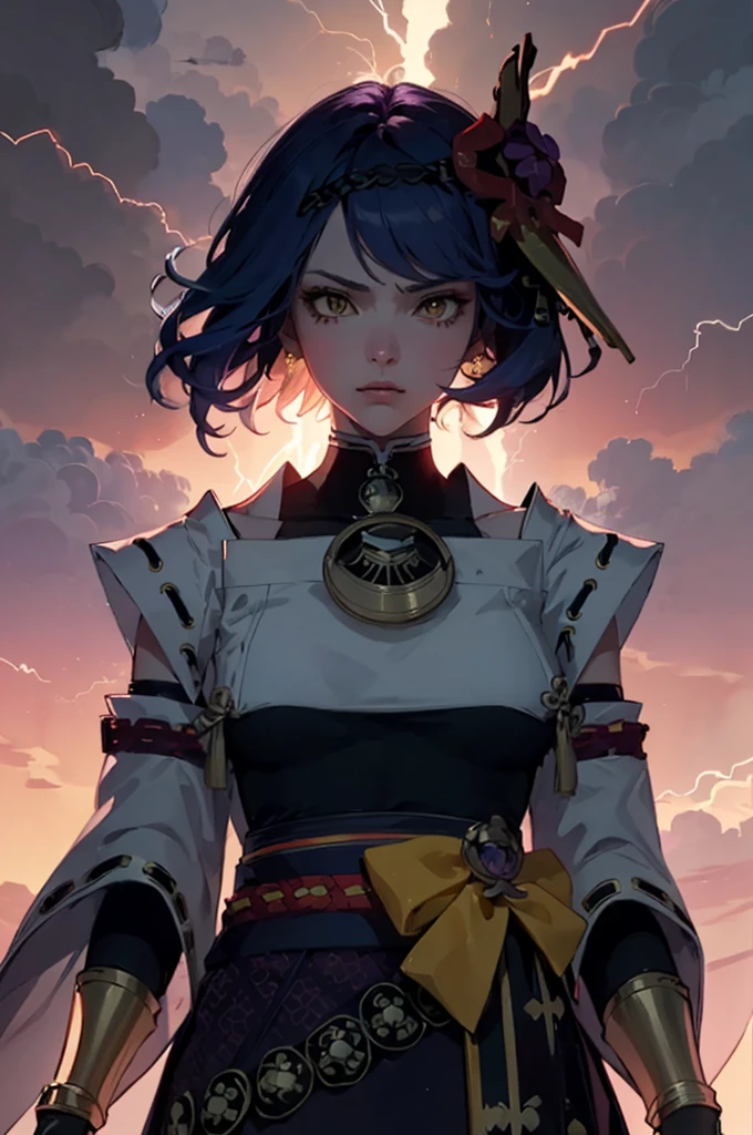 1 female woman solo, yellow eyes, blue hair, reb bird head hair accessory, black and white kimono miko outfit, big yellow bow on red belt, black gloves, golden details,kujousaradef kujousararnd,r1ge, purple storm clouds, purple lightning bolts around her, cinematic shot, dramatic light