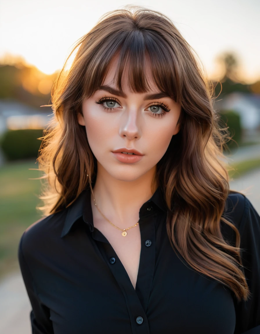 (best quality,4k,highres, highres face details), brown long wavy hair, sideswept bangs, wearing a black button up shirt, 18 years old, instagram model, 36DD breast, fake lashes, fake lips, dark makeup, pierced nose, perfect skin, fair skin, she is skinny, she is caucasian, golden hour, huge breast 36DD, posing, sexy, sensual vibes, whole body image, from head to toes