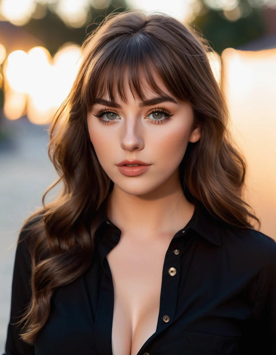 (best quality,4k,highres, highres face details), brown long wavy hair, sideswept bangs, wearing a black button up shirt, 18 years old, instagram model, 36DD breast, fake lashes, fake lips, dark makeup, nose piercing, perfect skin, fair skin, she is skinny, she is caucasian, golden hour, huge breast 36DD, posing, sexy, sensual vibes, whole body image, from head to toes
