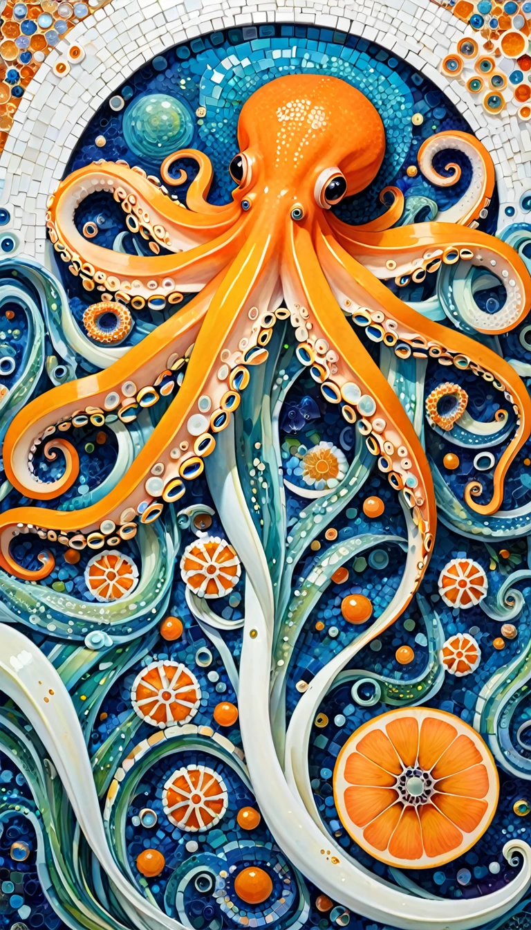 Ocean、house、Sliced Papaya、s octopus tentacles、tadpole、Eye、diatom,Abstract mosaic painting,Sense of space,White Space,interesting,Innocence,Psychedelic Art,Orange overall