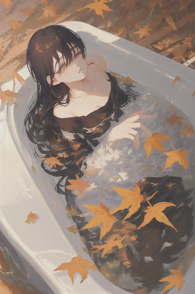 mksks style, nami, (very detailed background:1.0), (highly detailed background:1.0), masterpiece, best quality, (1girl, solo, girl:1.2), (disdain, hair over eyes, long hair, lying on water, bath tub, bathtub, (in autumn:1.3401), maple tree, falling leaves, (fluttering leaves:1.21551),:1.2), chromatic aberration, depth of field, soft lighting