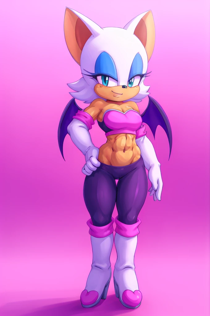 a digital artwork of Rouge the bat with long boots, gloves, and abs wearing a crop top of her outfit with black pants, a bare midriff and a bare navel , digital art, ((perfect face)), ((best quality)), ((masterpiece)), she has a tan midriff, bat wings,