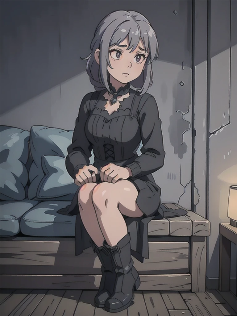 A girl with gray braided hair, black dress, long skirts and boots, night castle, (best quality,4k,8k,highres,masterpiece:1.2),ultra-detailed,(realistic,photorealistic,photo-realistic:1.37),detailed face and eyes,long eyelashes,beautiful detailed lips,extremely detailed eyes and face,intricate details,moody lighting,atmospheric lighting,dark fantasy,gothic,muted colors,cinematic composition