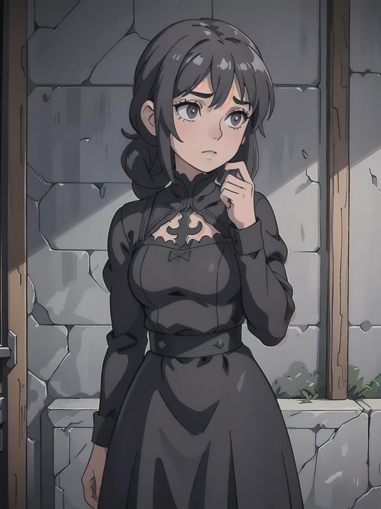 A girl with gray braided hair, black dress, long skirts and boots, night castle, (best quality,4k,8k,highres,masterpiece:1.2),ultra-detailed,(realistic,photorealistic,photo-realistic:1.37),detailed face and eyes,long eyelashes,beautiful detailed lips,extremely detailed eyes and face,intricate details,moody lighting,atmospheric lighting,dark fantasy,gothic,muted colors,cinematic composition