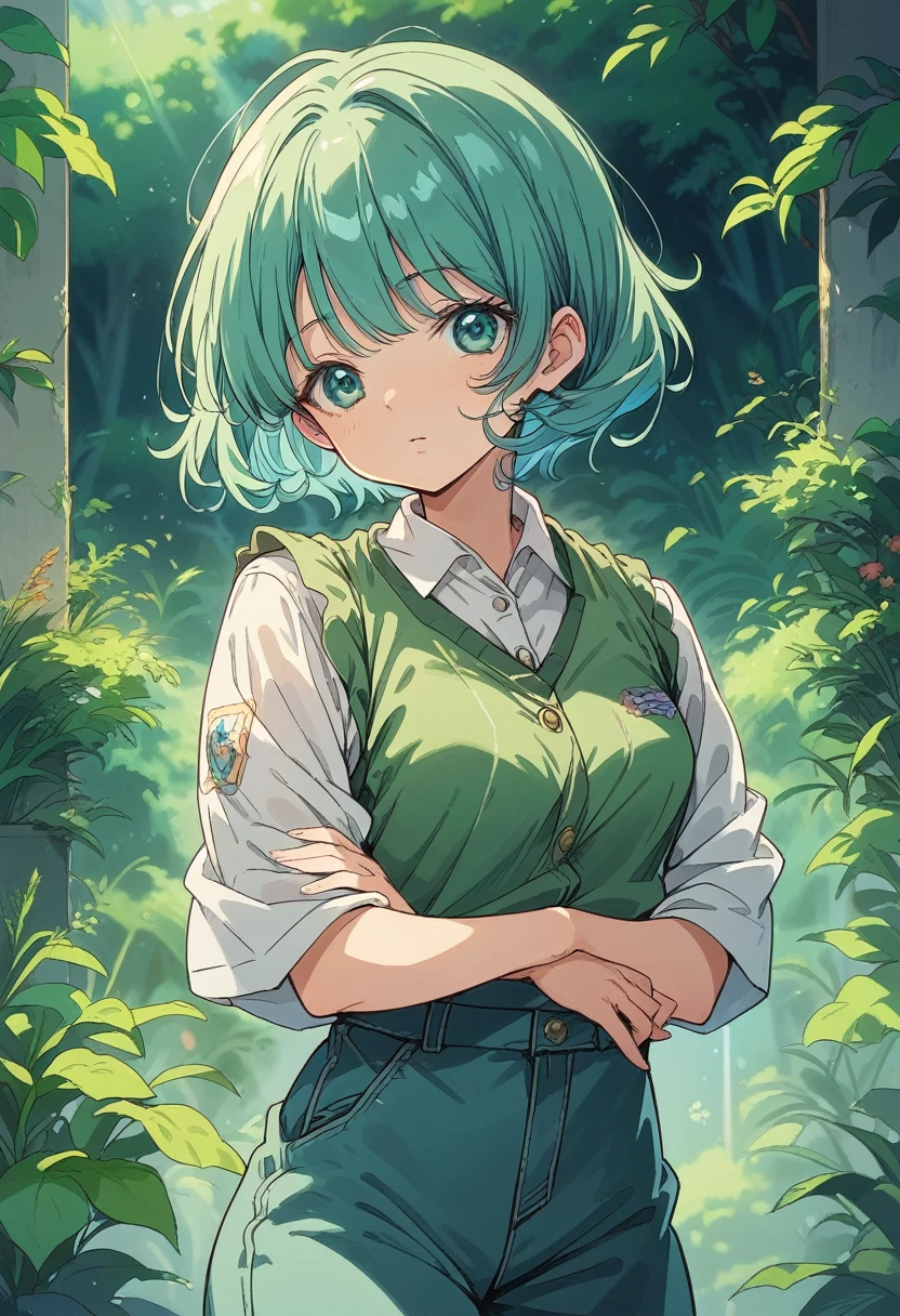 1 girl(Curly short cut, aqua hair)(Secret Morning Post Green Tea Color Retro Sweet Cool Vest,shirt,Cropped trousers)