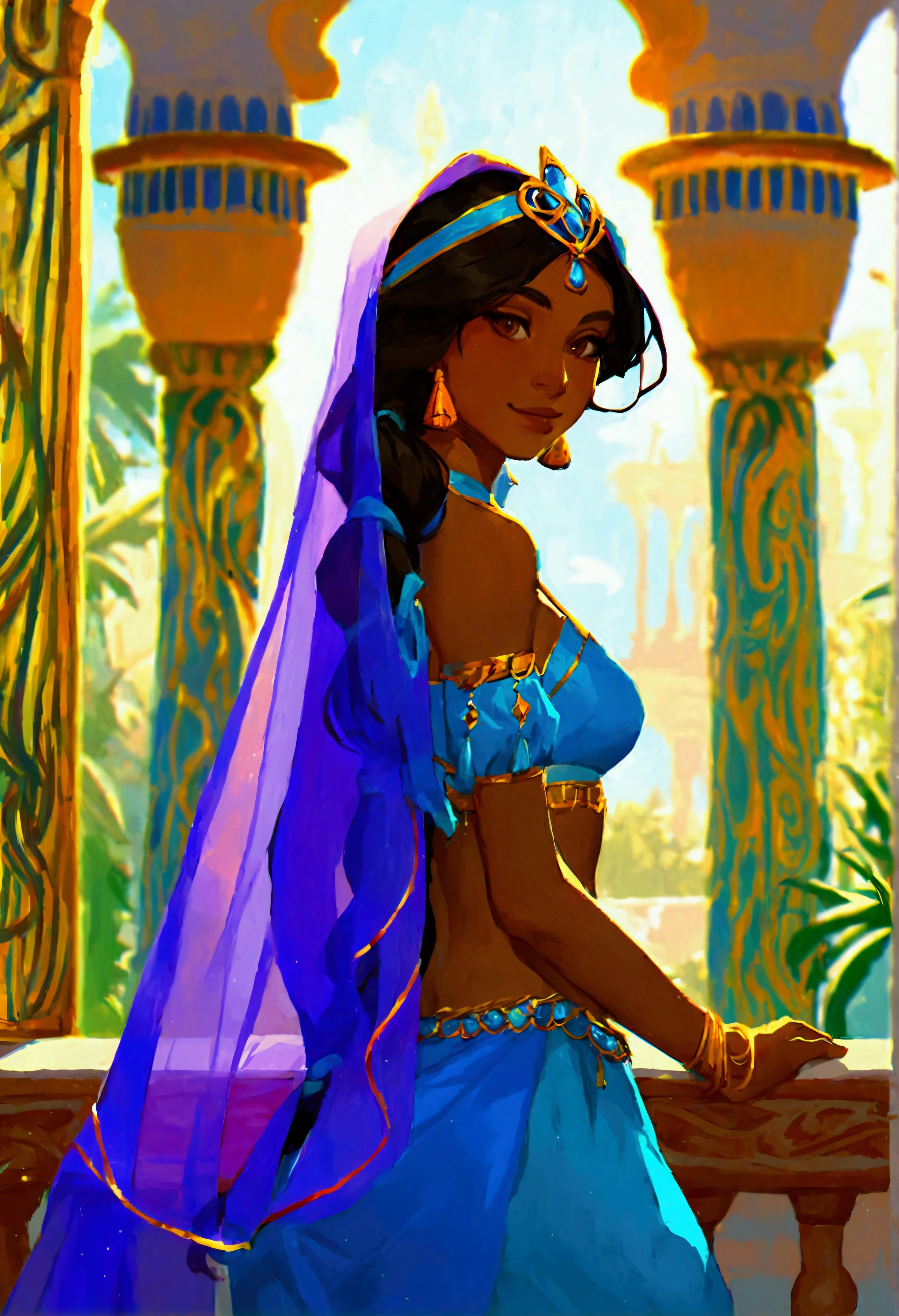 score_9, score_8_up, score_7_up, (((solo close-up of Princess Jasmine:1.4) standing on balcony of (Arabian palace:1.2), dark-skinned beauty, perfect face, ornate columns, starlit romantic sky, (architecture with intricate design), bright colors, (((cartoon artstyle with bold lines))), rating_safe.
