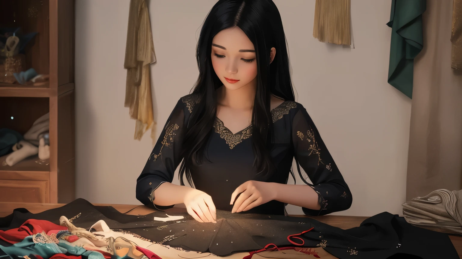 ((best quality)), ((masterpiece)), (detailed), A digital illustration of a young woman surrounded by fabric and sewing materials, with magical sparkles emanating from her hands as she creates a dress. She has long black hair and is wearing a flowing red dress.