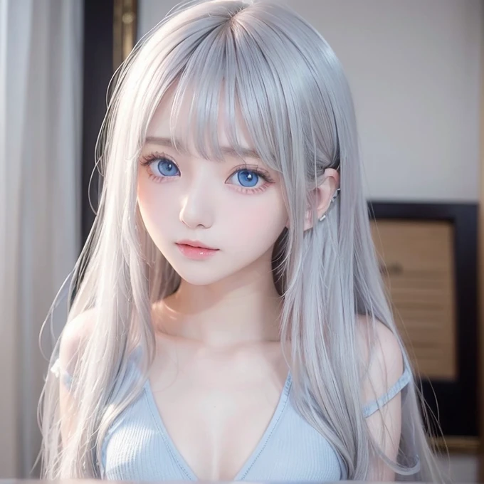 silver shiny hair、Super long straight silky hair、Dazzling blonde super long silky hair、16 years old cute little beautiful face、A beautiful girl、Sparkling blonde dancing in front of a pretty face、Long, silky bangs that cover the space between the eyes、Very beautiful, bright, large, light blue eyes、Very big eyes、Hair that hides the face、Sexy pretty young woman with super long bangs、Very white skin、Cheek gloss highlighter、Small Face Beauty、Round face、Cute Shirts、Ample Bust、nipple、Erect nipples, embarrassed face、すきにーとtシャツ